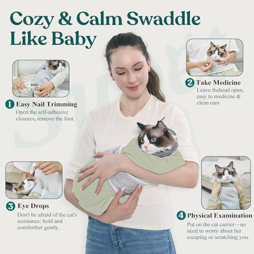 Image of Supet Cat Grooming Wrap for Cutting Nails, Self-Adhesive Calm Cat Swaddle | Bite-Proof Mesh Hood & Thick Waist Strap Anti-Escape Anti-Scratch Bag for Nail Trimming, Medication, Ear Cleaning (Green L)