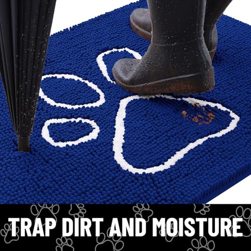 Image of Smiry Dog Door Mat for Muddy Paws, Absorbent Dirt Trapper Non Slip Quick Dry Washable Chenille Mat for Mud Dogs, Entry Rug for Indoor and Outdoor (30x20 Inches, Royal Blue and White)