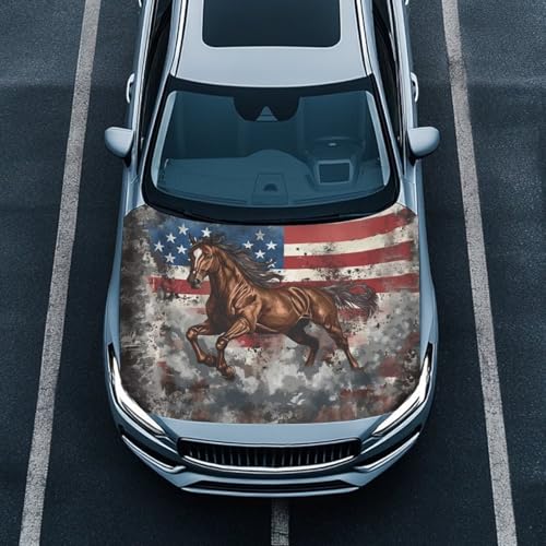 Image of Automotive Vehicle Hood Cover Flag Elastic Washable Horse and American Flag Print Vehicle Front Engine Hood Cover Wrap Car Accessories Compatible with Sedan SUV Trucks