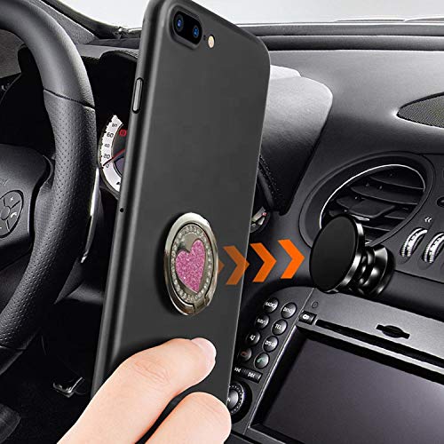 Universal Cell Phone 360° Rotation Finger Grip Ring Stand Stent Holder Diamond Heart for iPhones Samsung and Other Smartphones (Black/Pink)