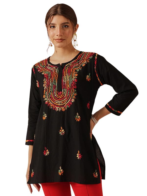 Image of Ada Women's Cotton Regular Fit Tunic Hand Embroidered Lucknow Chikankari Short Top Kurti A100554