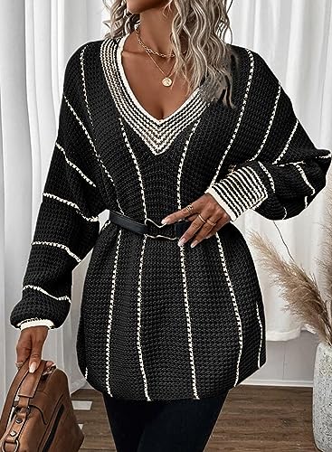 Image of Dokotoo Womens Oversized Striped Tunic Sweaters Casual V Neck Long Sleeve Color Block Knit Pullover Jumper Tops