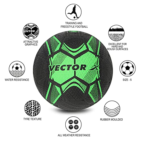 Vector X Street Soccer Rubber Moulded Indoor/Outdoor Water-Resistant Football with Butyl Bladder, Black-Green, Size 5, Suitable for Match and Training for Adults 15+ Years 7 51g