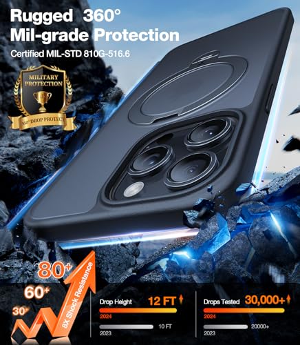 Image of TORRAS Q3 Spin for iPhone 15 Pro Case, 360 Magnetic Stand, Black | Compatible with MagSafe, Built-in Kickstand, 4X Military-Grade Shockproof Translucent Phone Case for 16 Pro