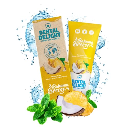DENTAL DELIGHT Bahama Breeze Pasta de dientes Piña Coco Vegano Neutral Ambiental Libre de Microplásticos, Amarillo, 75 ml