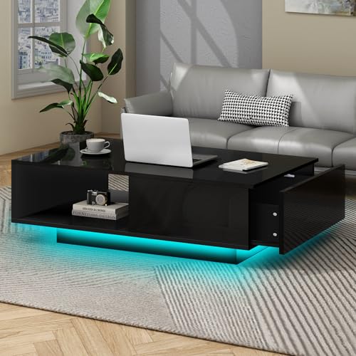 ALFORDSON Black RGB LED Coffee Table, Remote Control-4 Flashing Modes,16 Colors, Spacious Drawer, Open Shelf, Tabletop Storage, Living Room Dining Table Office Reception Centerpiece, 89Wx 55Dx 31Hcm