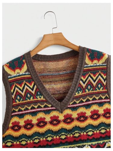 Men's Tribal Print Sweater Vests V Neck Sleeveless Knitted Tank Tops Streetwear3