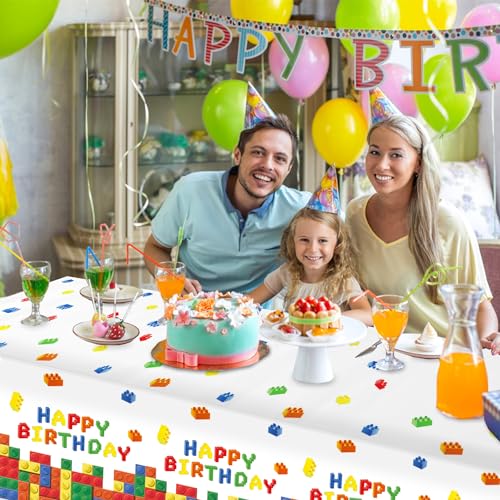 Image of LINHAXM 3 Pack Building Block Party Tablecloth Building Block Disposable Plastic Table Cover for Blocks Birthday Party Supplies, 54 x 108 Inch