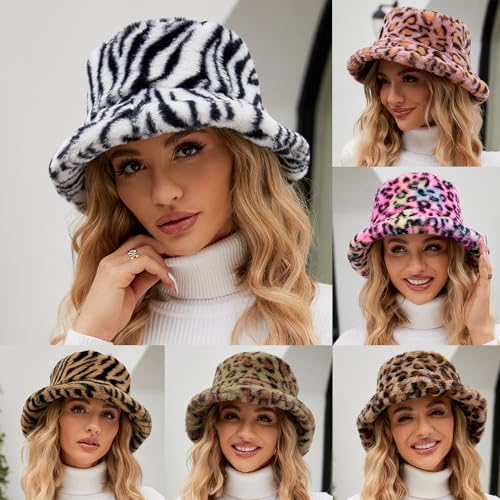 HGps8w Women's Winter Zebra Pattern Leopard Faux Fur Fuzzy Warm Bucket Hat Plush Fisherman Fluffy Sherpa Bucket Hat2