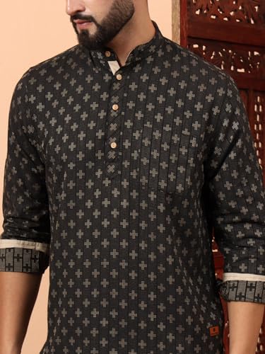 Image of LATEST CHIKAN Men's Cotton Regular Self Design Short Kurta Full Sleeves - Casual Ethnic Wear