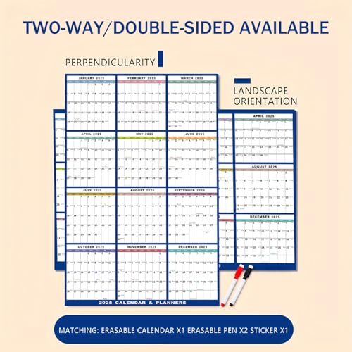 Planejador de parede 2025 com dupla face, apagável, anual, planejador de parede 2025, 61 x 91 cm, pô