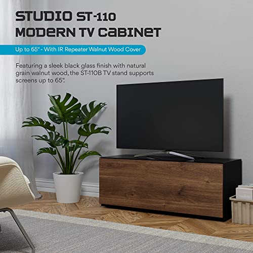 Image of SONOROUS ST-110 Premium TV Stand with Black Glass & Walnut Wood Cover - Modern Entertainment Center & Media Console for Living Room - TV Cabinet up to 65 Inch with Hidden Wheels - Sleek Storage Design