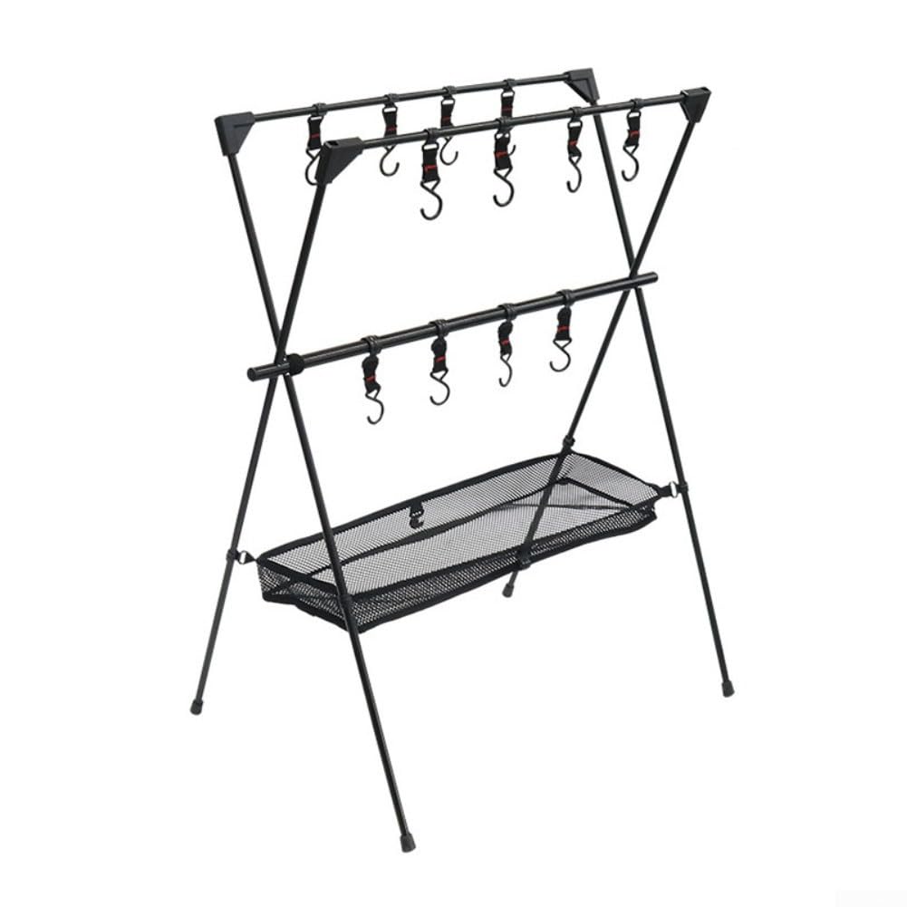 DAZZLEEX Faltbares Camping-Stativregal aus Aluminiumlegierung, mit Netztasche für Outdoor-Kochutensilien, zum Aufhängen, Schwarz