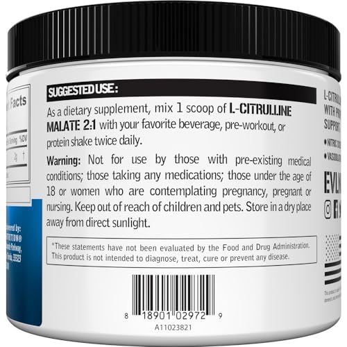Image of Evlution Nutrition L-Citrulline Malate 2:1-200mg L-Citrulline Malate - Workout Performance Support - Vasodilation Support - Dietary Supplement - Vegan & Gluten Free - 100 Servings - Unflavored