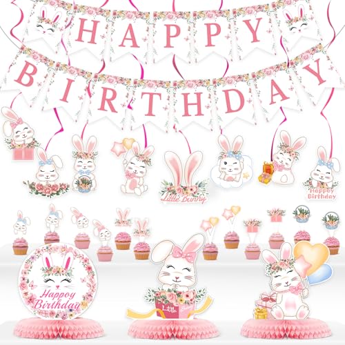 50 Pcs Bunny Birthday Party Decorations Kit Supplies Bunny Birthday Banner Honeycomb Centerpiece Rabbit Hanging Swirls Cutouts for Girl Baby Shower Party Supplies