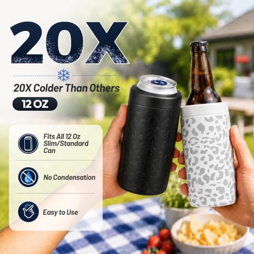 Image of 4-in-1 Slim Can Cooler Easy to Hold Insulated Beer Can Holder Double-walled Stainless Steel for All 12 Oz Cans Gift (White Leopard)