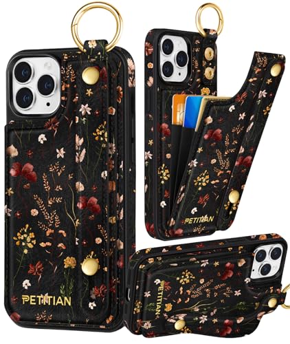 Petitian for iPhone 11 Pro Case with Wallet - Women Girls Cute Girly Aesthetic Unique Design Leather Credit Card Holder Cardholder Stand Wristband for iPhone 11 Pro Grow Flower