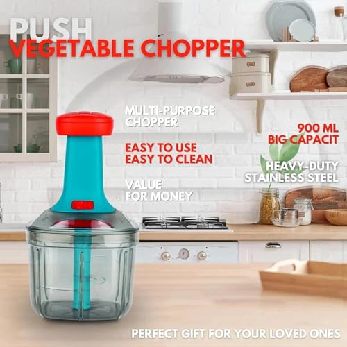 Image of YOUONE Push Chopper, 1000ml Capacity, Stainless Steel Blade, Transparent Container with Lock System, Green (Multicolour)