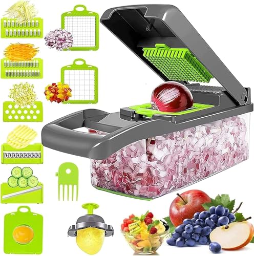Vegetable Chopper & Cutter, 15-in-1 Mandoline Kitchen Vegetable Slicer & Dicer, Kitchen Multifunctional Manual Spiralizer with Stainless Steel Blades for Veg Food Onion Salad Potato Cheese