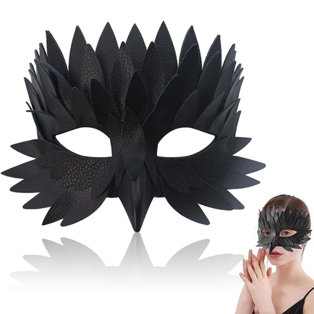 MYPPRFC Gothic Raven Mask, Premium PU Feather Half Face Mask for Men & Women, Halloween Feather Masquerades, Fancy Dress for Halloween Costumes Cosplay, Black
