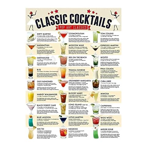 pulunto Cocktail Mixology Recipe Print Poster, Classic Cocktails Drink Recipe Sticker Wall Art Decor for Home Bar Kitchen Restaurant Wall Decor (15.7 * 7.5inch) Cover