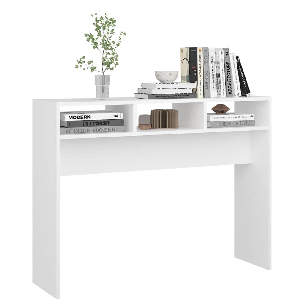 Mesa consola blanca 105 x 30 x 80 cm, de madera, mesa auxiliar, mesa auxiliar de madera, mesa auxiliar de pasillo, mesa de madera, mesa de consola para salón con 3 compartimentos abiertos,