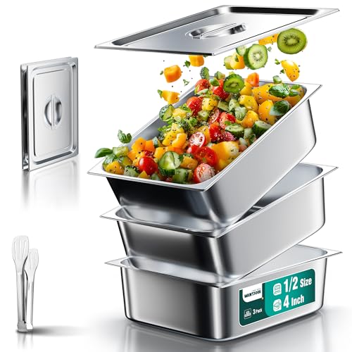 WantJoin Steam Table Hotel Pans with Lid 1/2 Half Size 4 Inch Deep 3 Pack, Thickened Stainless Steel Metal Tray Sets Food Storage Container, Restaurant Chafing Dishes Commercial Buffet Warmer Catering