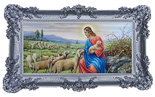 Repro Tableau encadré style baroque antique Repro avec ornements montés dans le cadre Motif Jésus BUON Pastore Icônes Repro 96 x 57 cm (Argent)