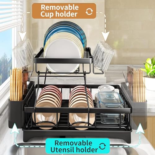 Image of ZROY Dish Drying Rack 2-Tier with Drainboard for Kitchen Countertop - Stainless Steel Dish Drainer with Utensil Holder, Cup Rack, Knife Storage & Water Drain Spout (New Black Rack 2-Tier)