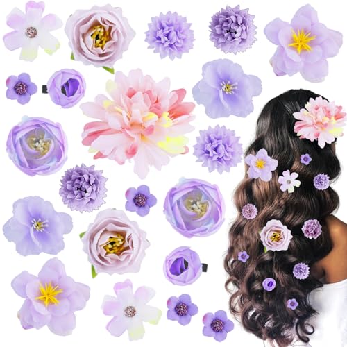 21 Pieces Silk Flower Hair Clip Women Aesthetic Boho Floral Hair Barrettes Handmade Rose Bride Barre Hair Accessories Wedding(Purple)