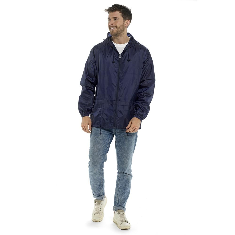 KAV Mens Shower and Wind Resistant Coat, Rain Coats, Windbreaker Pac A Mac in Pack Bag, Rain Jackets - Navy - L