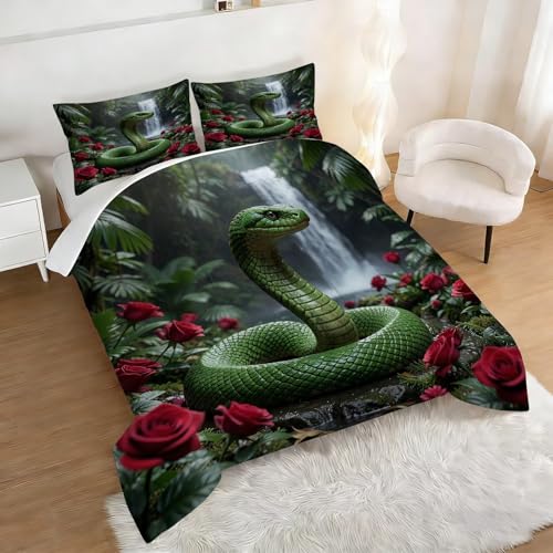 Image of Tropical Snake Comforter Set Full Size Red Roses Jungle Waterfall Wildlife Bedding Sets for Girls Boys Kids Adults Bedroom Decor Snake Lover Quilt 1 Comforter 2 Pillowcases
