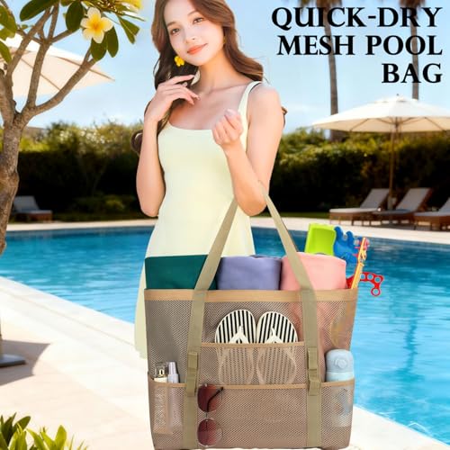 Image of Fammart Mesh Beach Bag for Women, Large Beach Toy Pool Bag with Zipper Pocket, SandProof Cruise Essentials 2026 Family Travel