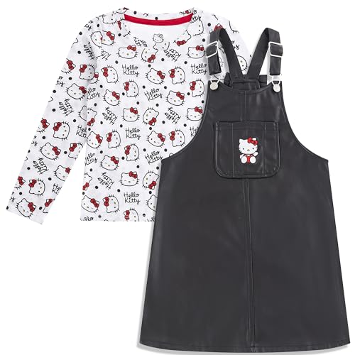 Hello Kitty Sanrio Girls Adjustable Leather Jumper Dress with Shirt Set for Toddler and Big Kids