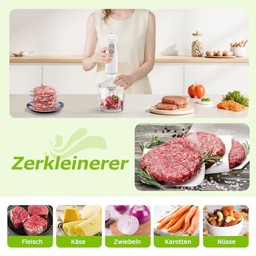 Bonsenkitchen Pürierstab, 1000W Edelstahl Elektrischer Stabmixer, 2 Geschwindigkeitsstufen, Stabmixer Set，mit Lebensmittelhacker, Messbecher und Schneebesen, für Babynahrung, Suppen, Smoothies, Weiß