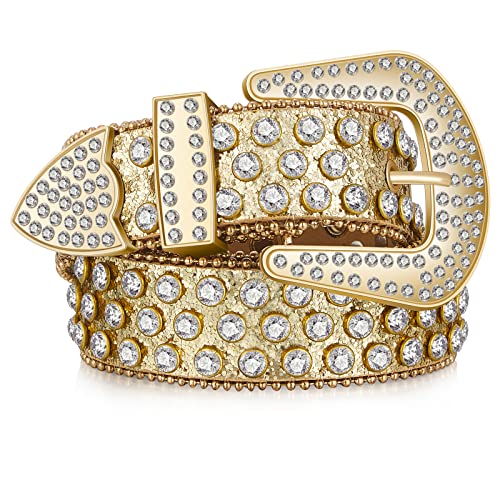 Geyoga Rhinestone Western Bling Studded belts for Women Cowgirl Cowboy Leather Diamond Vintage Waist Belt for Jeans Dress(43.3 Inch,Gold)