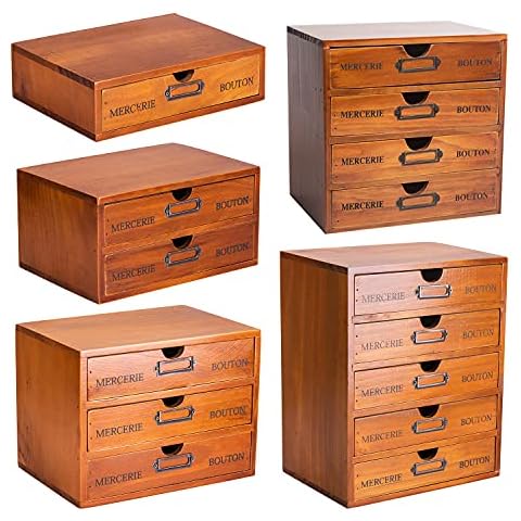 5-Piece Vintage Wooden Chest Organizer Set - Single to 5-Drawer Storage Chests - Stackable or Standalone Cover