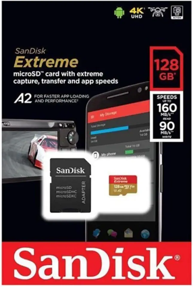 SanDisk Cartão de memória Extreme MicroSDXC UHS-I, 128 GB para jogos móveis, Nintendo Switch, GoPro Hero - C10, U3, V30, 4K, A2, cartão MicroSD SDXC - SDSQXA1-128G-GN6MA, Preto
