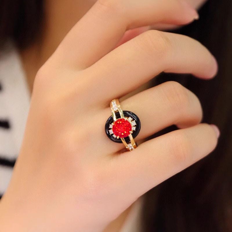 Image of 18k Gold Two Tone Vintage Shiny Ruby Crystal Vintage Heavy Industry Gold Plated Black Agate Antique Colorful Treasure Ring Size 8