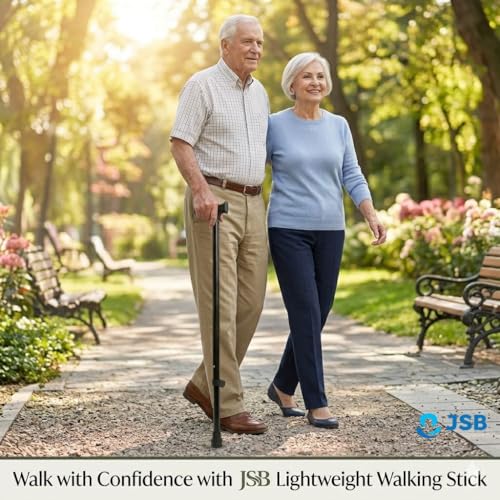 Image of JSB W09 Walking Stick for Men and Women Old People | Walking Aid for Physiotherapy Fracture Support | Lightweight Slip Free Base (Pack of 2) (Black)