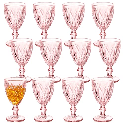 Yinder Glass Goblet Set, embossed stemmed cups, pink 12-pack