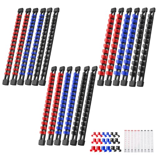 Image of Reniteco 18-Pack Socket Organizer Set, 1 /4 inch x 96 3 /8 inch x 90 1 /2 inch x 72 Clips | 258 Clip Capacity, Havy-Duty ABS Socket Rails, Removable Clips, Drive Socket Storage, Toolbox Drawer or Wall Mount
