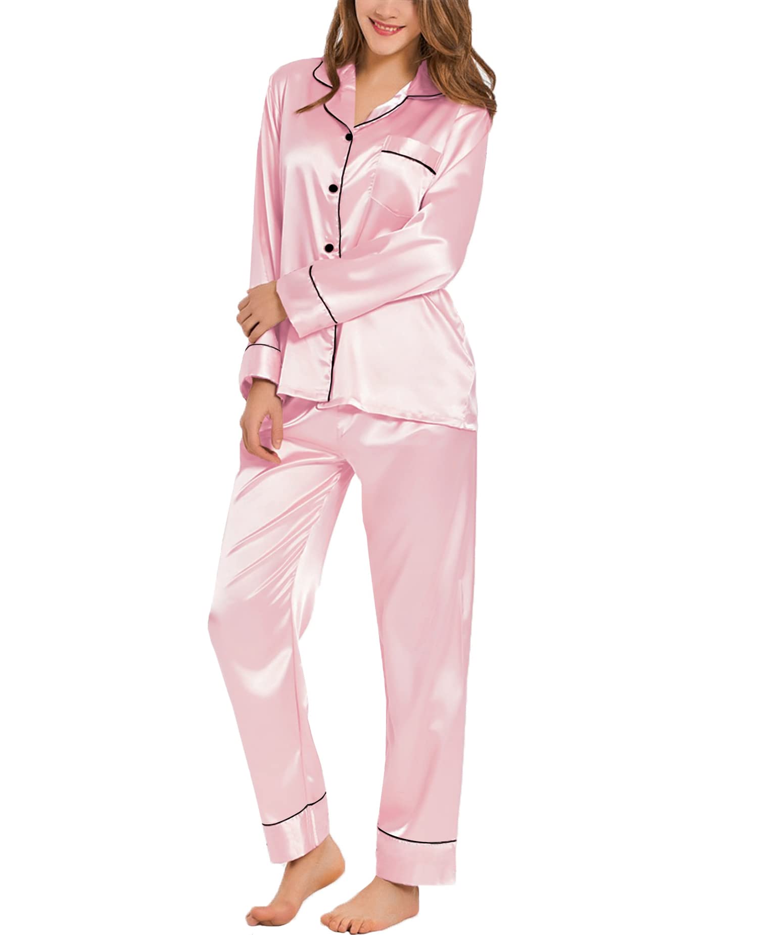 SWOMOG Womens Satin Pajamas Long Sleeve Sleepwear Silk Soft Button Down Loungewear Pjs Set S-XXL