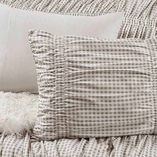 Image of Intelligent Design Ruched Shabby Chic Brown Twin XL Comforter Set, 2pc | Girls Dorm Gingham Bedding Set, French Country, All Season Down Alternative, Cozy, Machine Washable, Lightweight, Breathable