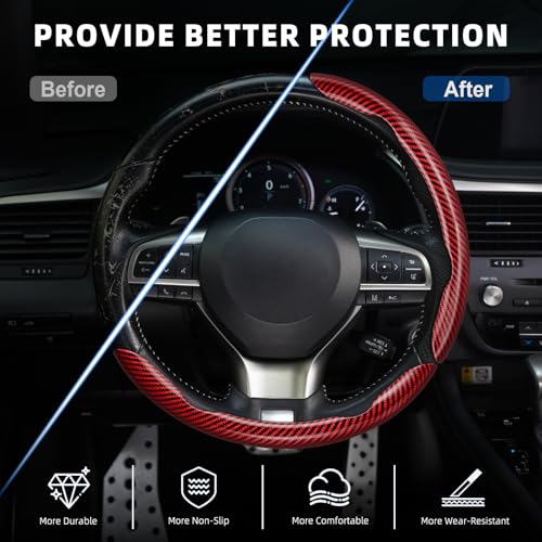 Image of Amiss 3pcs Carbon Fiber Anti-Skid Steering Wheel Cover, Waterproof Design, Universal Fit for 14-16 Inch Car Wheel Cover, Interior Car Accessories for Jeeps, SUVs, Trucks (Glossy Red)