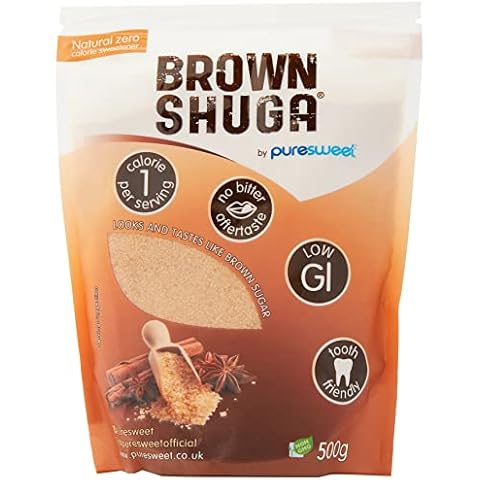 Puresweet Brown Shuga 500g, Brown Sugar Alternative, No Bitter Aftertaste, Keto and Diabetic Friendly, Non GMO, Vegan, with Stevia, Pack of 1 Cover