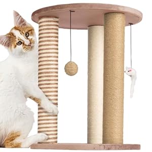 Cat Scratching Post – 3 Scratcher Posts with Carpeted Base Play Area and Perch – Furniture Scratching Deterrent for Indoor Cats by PETMAKER (Brown), Large