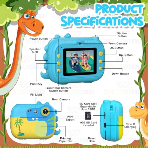 Image of Wembley 8MP Instant Print Digital Camera for Kids 3 4 5 6, Years Dino Design with Print Paper Rolls 4GB SD Card Shoulder Strap | Video Recorder Games Photo Filters Effects | Perfect for Birthday Gift