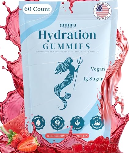Electrolyte Gummies for Hydration | Convenient On-The-Go Hydration Gummies for Dehydration 325mg Ancient Sea Salt Berry Watermelon Electrolyte Chews Magnesium Glycinate | Vegan Low Sugar 60 Count