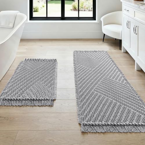 H.VERSAILTEX Waffle Bath Mat Super Absorbent Boho Bath Mat Non Slip Bath Rugs for Bathroom Floor Machine Washable Dry Fast Bathroom Rugs with Tassels (47 x 17 Plus 17 x 24 Inches, Dove)